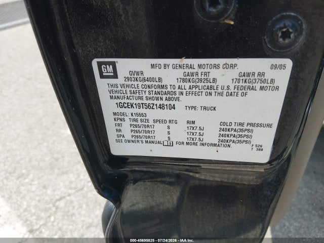 45695825 :رقم المزاد ، 1GCEK19T56Z148104 vin ، 2006 Chevrolet Silverado 1500 Lt3 مزاد بيع
