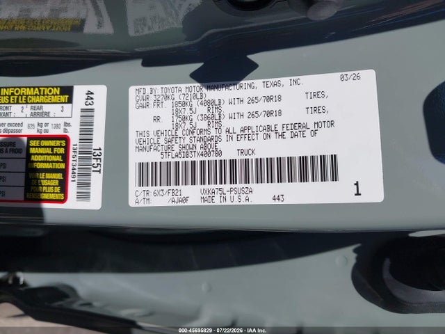 Продаж на аукціоні авто 2026 Toyota Tundra Sr5 Crewmax 5.5' Bed, vin: 5TFLA5DB3TX400780, номер лоту: 45695829