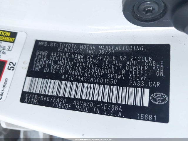Toyota CAMRY SE 2022 4T1G11AK1NU001560 Image 9