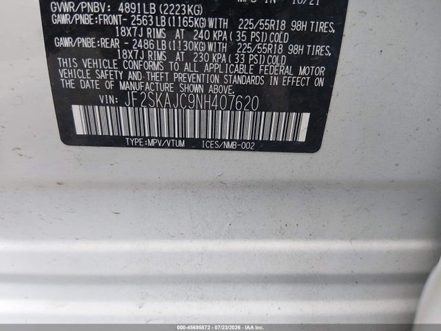 2022 Subaru Forester Sport მანქანა იყიდება აუქციონზე, vin: JF2SKAJC9NH407620, აუქციონის ნომერი: 45695872