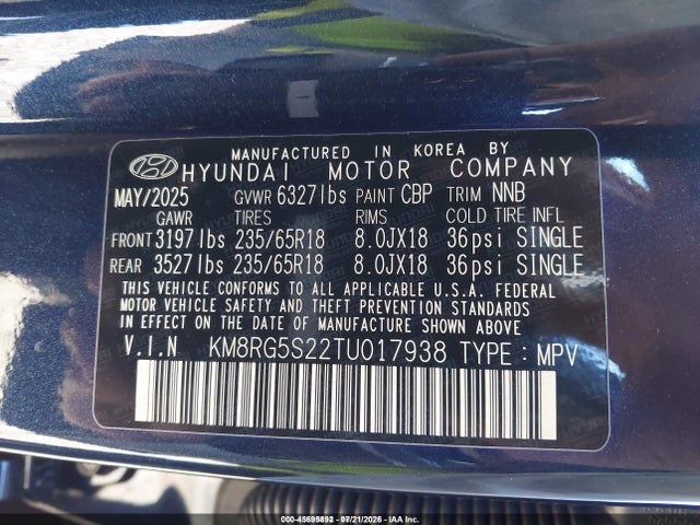 Продажа на аукционе авто 2026 Hyundai Palisade Sel, vin: KM8RG5S22TU017938, номер лота: 45695892