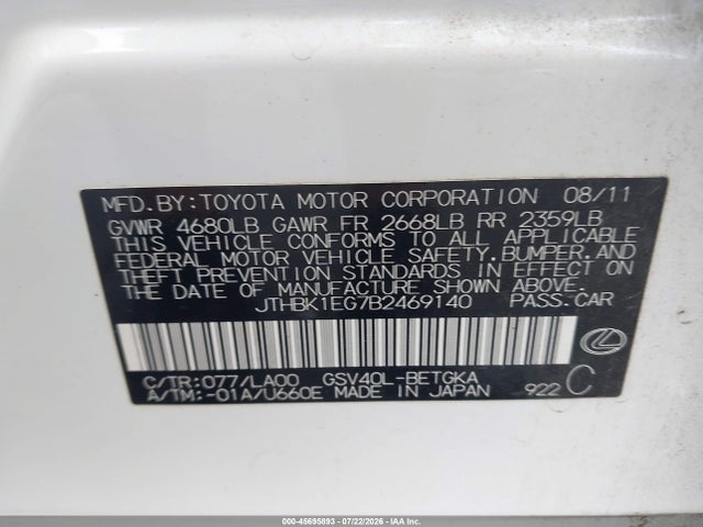 2011 Lexus Es 350 მანქანა იყიდება აუქციონზე, vin: JTHBK1EG7B2469140, აუქციონის ნომერი: 45695893