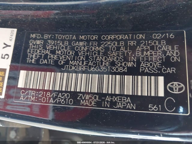 Toyota Prius Two 2016 JTDKBRFU6G3513084 Image 9