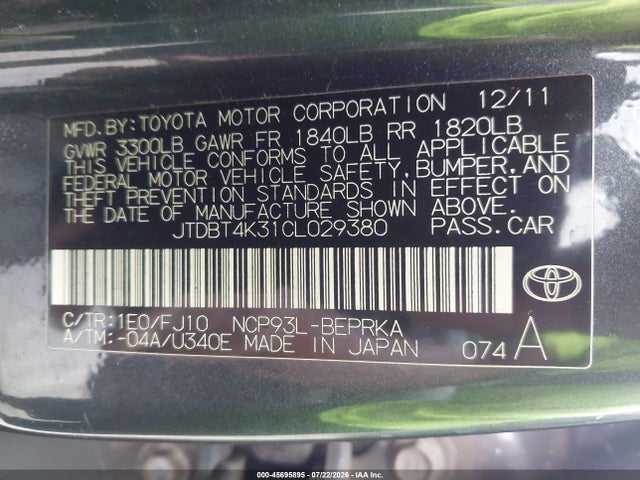 45695895 :رقم المزاد ، JTDBT4K31CL029380 vin ، 2012 Toyota Yaris مزاد بيع