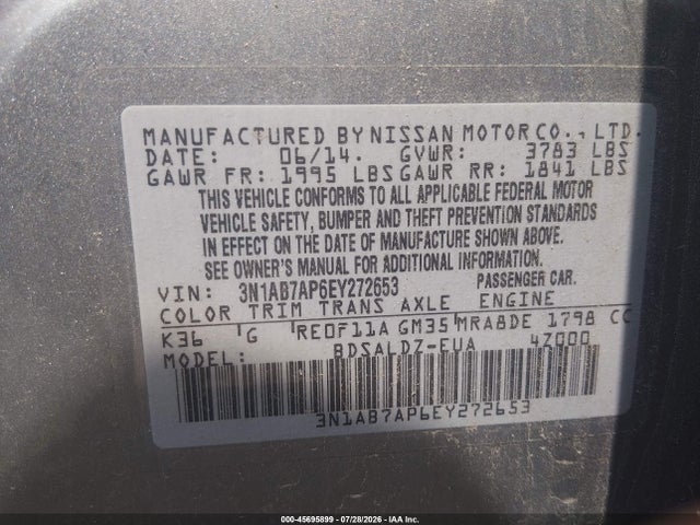 2014 Nissan Sentra Fe+ S/fe+ Sv/s/sl/sr/sv მანქანა იყიდება აუქციონზე, vin: 3N1AB7AP6EY272653, აუქციონის ნომერი: 45695899