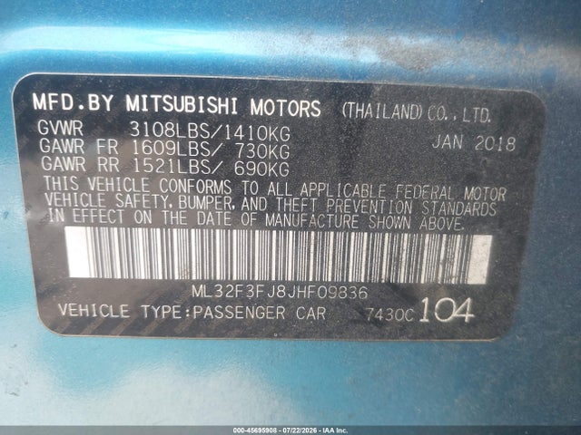 Продаж на аукціоні авто 2018 Mitsubishi Mirage G4 Es, vin: ML32F3FJ8JHF09836, номер лоту: 45695908