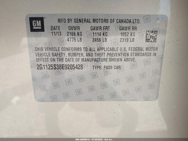 45695910 :رقم المزاد ، 2G1125S38E9205428 vin ، 2014 Chevrolet Impala 2lt مزاد بيع