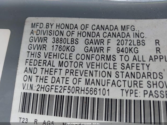 Honda Civic Sport 2024 2HGFE2F50RH566101 Image 9