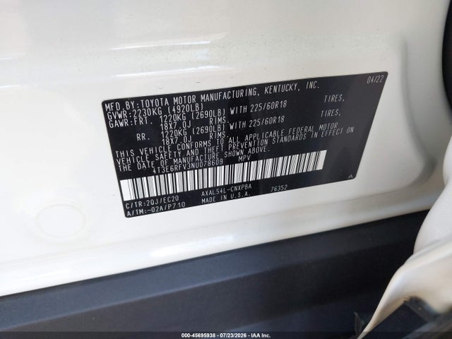 4T3E6RFV3NU078609 Toyota Rav4 Hybrid Xse