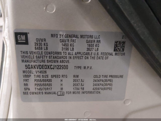 45695947 :رقم المزاد ، 5GAKVDEDXCJ122930 vin ، 2012 Buick Enclave Premium مزاد بيع