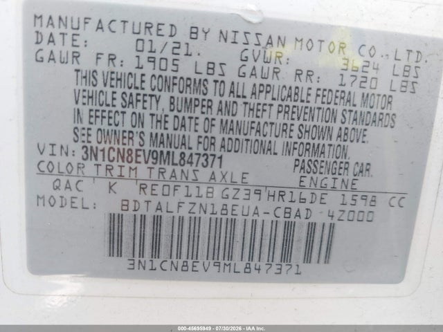 45695949 :رقم المزاد ، 3N1CN8EV9ML847371 vin ، 2021 Nissan Versa Sv Xtronic Cvt مزاد بيع