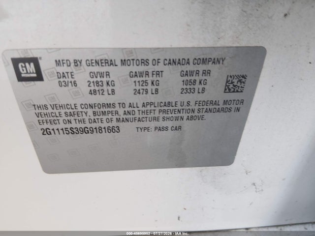 45695952 :رقم المزاد ، 2G1115S39G9181663 vin ، 2016 Chevrolet Impala 2lt مزاد بيع