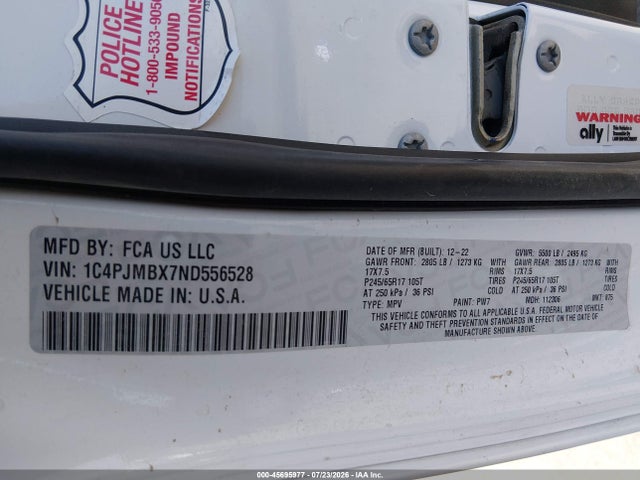 45695977 :رقم المزاد ، 1C4PJMBX7ND556528 vin ، 2022 Jeep Cherokee Trailhawk 4x4 مزاد بيع