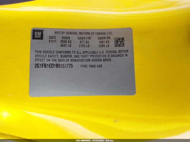 45695992 :رقم المزاد ، 2G1FB1ED1B9151775 vin ، 2011 Chevrolet Camaro 1lt مزاد بيع
