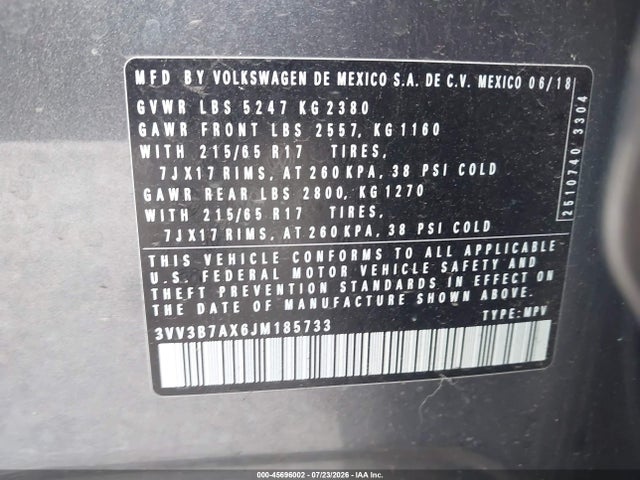 45696002 :رقم المزاد ، 3VV3B7AX6JM185733 vin ، 2018 Volkswagen Tiguan 2.0t Se/2.0t Sel مزاد بيع