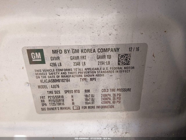 Продажа на аукционе авто 2017 Buick Encore Preferred, vin: KL4CJASB0HB102164, номер лота: 45696005