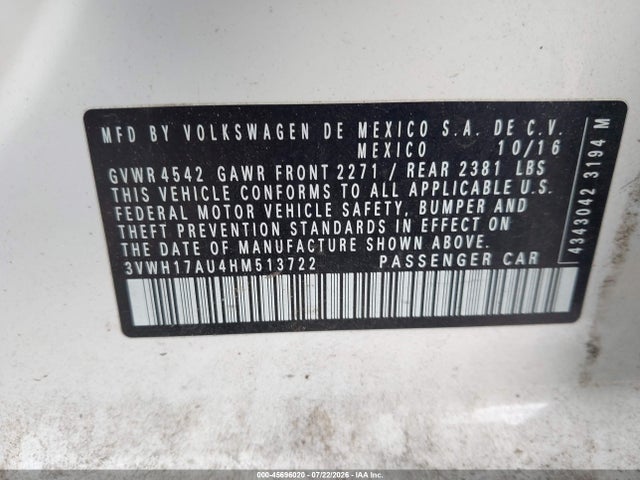 Продажа на аукционе авто 2017 Volkswagen Golf Alltrack Tsi S/tsi Se/tsi Sel, vin: 3VWH17AU4HM513722, номер лота: 45696020