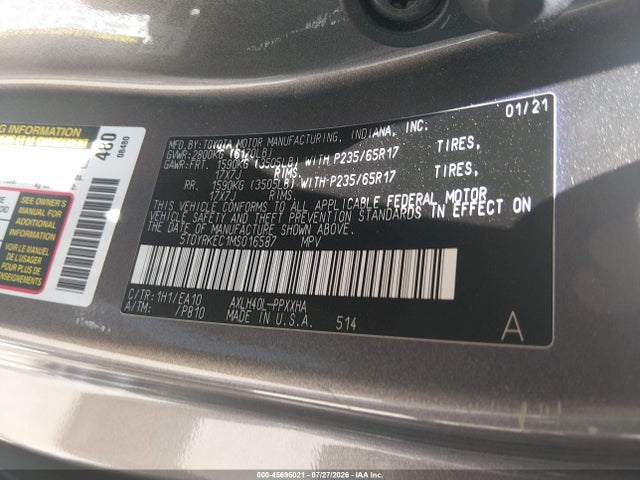 Aukcja sprzedaży 2021 Toyota Sienna Xle, vin: 5TDYRKEC1MS016587, numer aukcji: 45696021