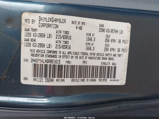 45696037 :رقم المزاد ، 2A4GP54LX6R851615 vin ، 2006 Chrysler Town & Country Touring مزاد بيع
