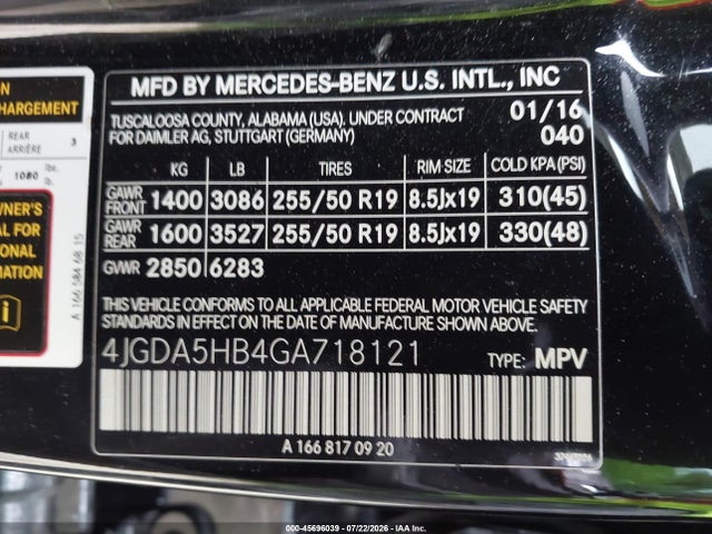 Продаж на аукціоні авто 2016 Mercedes-benz Gle 350 4matic, vin: 4JGDA5HB4GA718121, номер лоту: 45696039