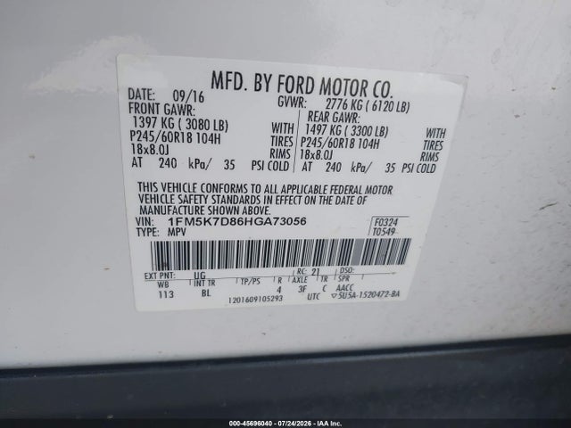 Продажа на аукционе авто 2017 Ford Explorer Xlt, vin: 1FM5K7D86HGA73056, номер лота: 45696040
