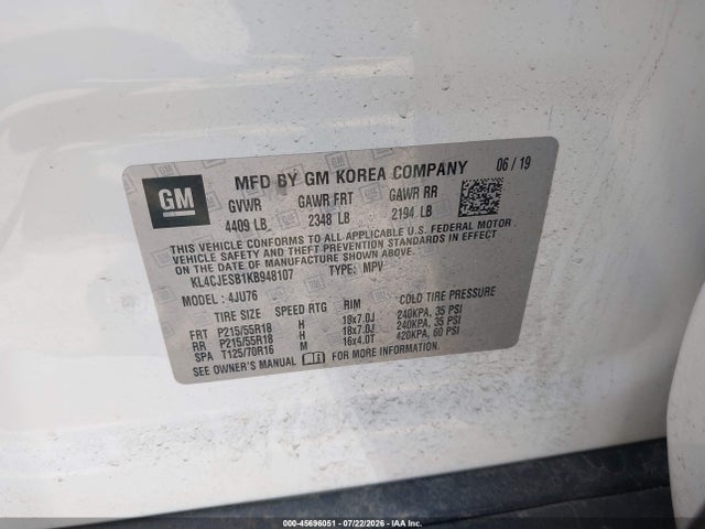 2019 Buick Encore Awd Preferred მანქანა იყიდება აუქციონზე, vin: KL4CJESB1KB948107, აუქციონის ნომერი: 45696051