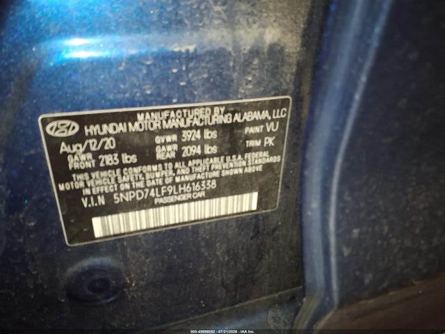Продаж на аукціоні авто 2020 Hyundai Elantra Se, vin: 5NPD74LF9LH616338, номер лоту: 45696052