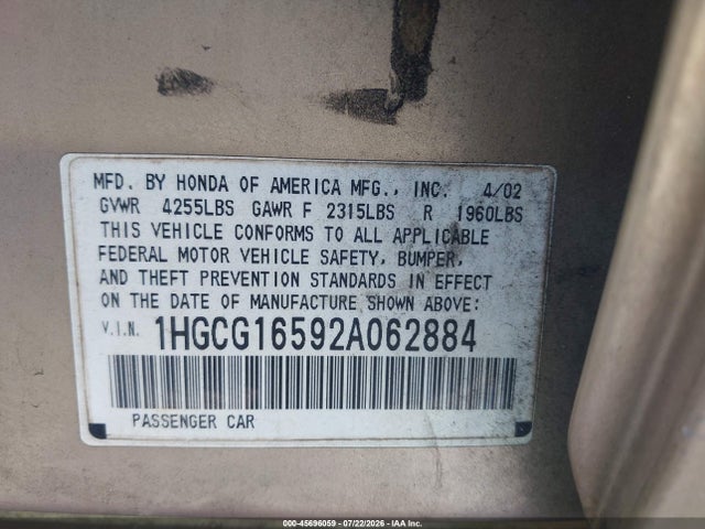 Продаж на аукціоні авто 2002 Honda Accord 3.0 Ex, vin: 1HGCG16592A062884, номер лоту: 45696059