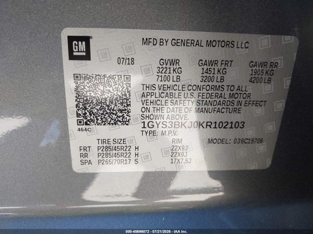 Aukcja sprzedaży 2019 Cadillac Escalade Luxury, vin: 1GYS3BKJ0KR102103, numer aukcji: 45696072