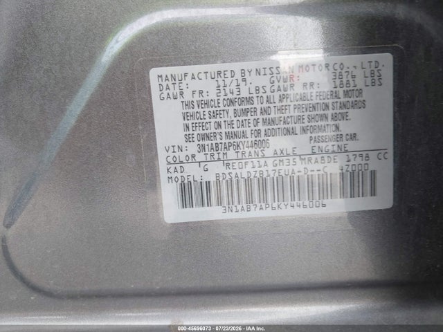 Продажа на аукционе авто 2019 Nissan Sentra Sv, vin: 3N1AB7AP6KY446006, номер лота: 45696073