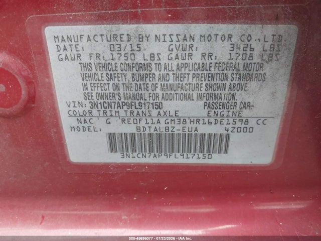 Aukcja sprzedaży 2015 Nissan Versa 1.6 Sv, vin: 3N1CN7AP9FL917150, numer aukcji: 45696077