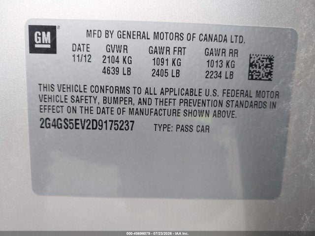 45696079 :رقم المزاد ، 2G4GS5EV2D9175237 vin ، 2013 Buick Regal Turbo - Premium 1 مزاد بيع
