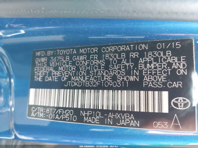 Toyota Prius C One 2015 JTDKDTB32F1090311 Image 9