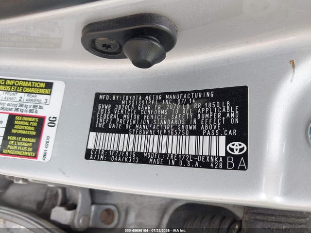 Продаж на аукціоні авто 2014 Toyota Corolla Le, vin: 5YFBURHE1EP165750, номер лоту: 45696104