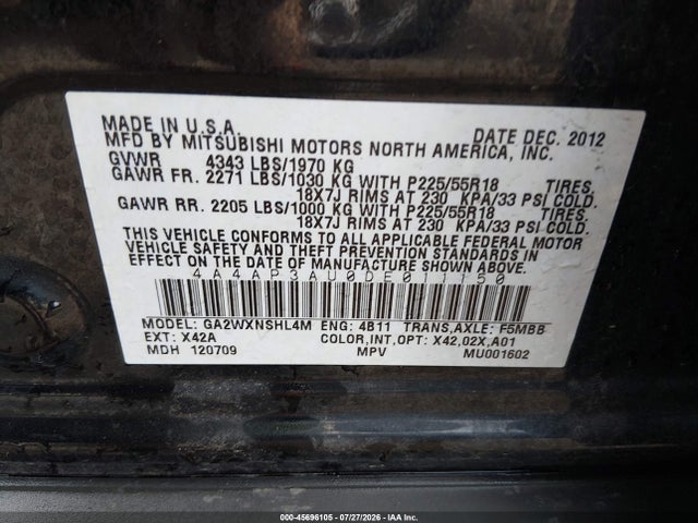 45696105 :رقم المزاد ، 4A4AP3AU0DE011150 vin ، 2013 Mitsubishi Outlander Sport Es مزاد بيع
