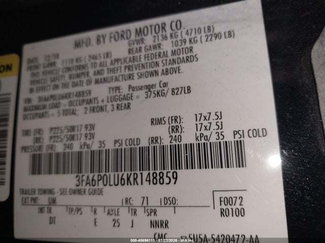 Ford Fusion Hybrid Se 2019 3FA6P0LU6KR148859 Image 9