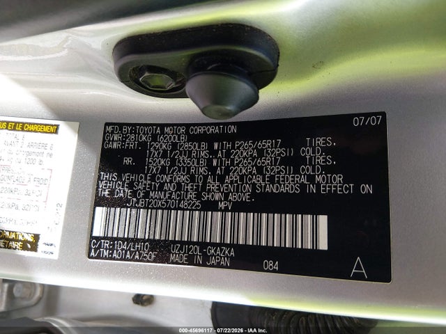 Aukcja sprzedaży 2007 Lexus Gx 470, vin: JTJBT20X570148225, numer aukcji: 45696117