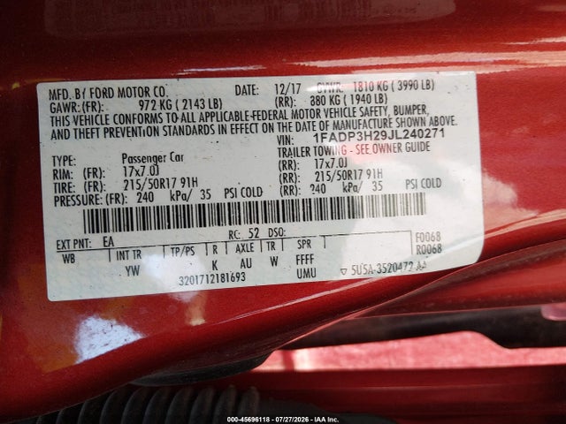 Aukcja sprzedaży 2018 Ford Focus Sel, vin: 1FADP3H29JL240271, numer aukcji: 45696118