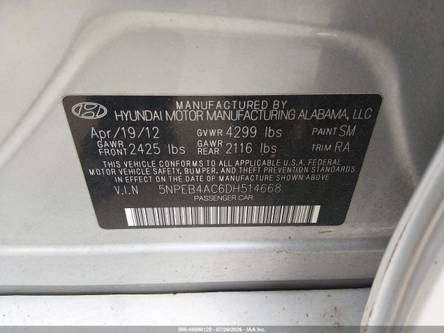 Aukcja sprzedaży 2013 Hyundai Sonata Gls, vin: 5NPEB4AC6DH514668, numer aukcji: 45696120