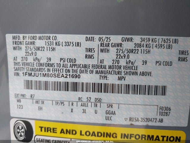 2025 Ford Expedition Platinum მანქანა იყიდება აუქციონზე, vin: 1FMJU1M80SEA21690, აუქციონის ნომერი: 45696126