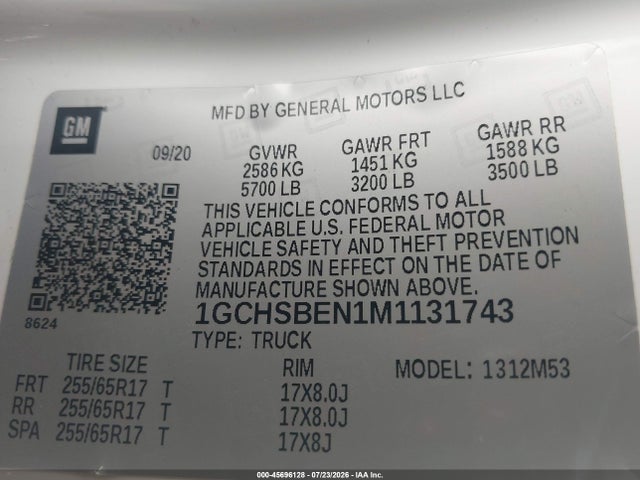 2021 Chevrolet Colorado მანქანა იყიდება აუქციონზე, vin: 1GCHSBEN1M1131743, აუქციონის ნომერი: 45696128