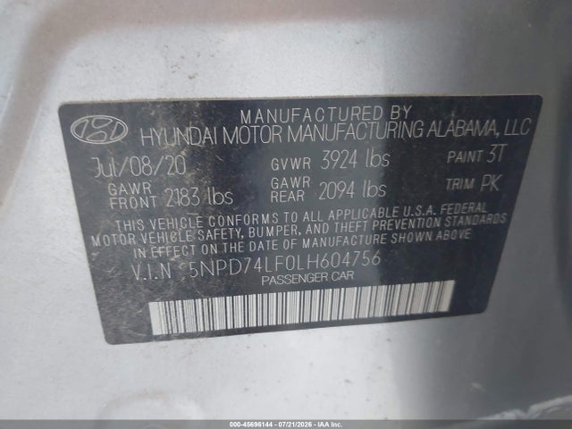45696144 :رقم المزاد ، 5NPD74LF0LH604756 vin ، 2020 Hyundai Elantra Se مزاد بيع