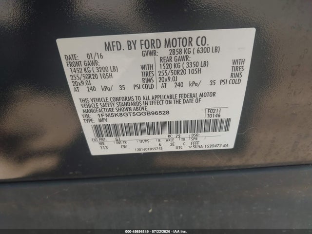 Ford EXPLORER SPORT 2016 1FM5K8GT5GGB96528 Image 9