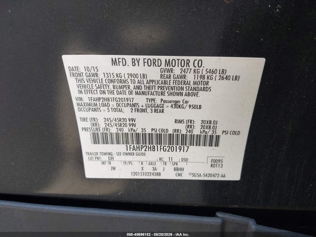 2015 Ford Taurus Sel მანქანა იყიდება აუქციონზე, vin: 1FAHP2H81FG201917, აუქციონის ნომერი: 45696152