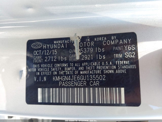 45696176 :رقم المزاد ، KMHGN4JE6GU135502 vin ، 2016 Hyundai Genesis 3.8 مزاد بيع