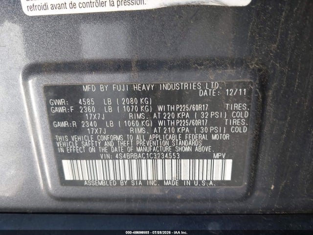 Aukcja sprzedaży 2012 Subaru Outback 2.5i, vin: 4S4BRBAC1C3234553, numer aukcji: 45696183