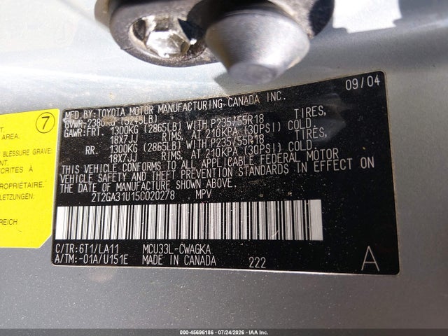 45696186 :رقم المزاد ، 2T2GA31U15C020278 vin ، 2005 Lexus Rx 330 مزاد بيع