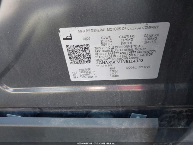 45696209 :رقم المزاد ، 2GNAXSEV1N6114322 vin ، 2022 Chevrolet Equinox Awd Ls مزاد بيع