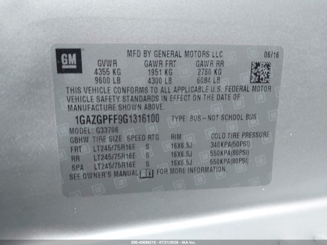 Продаж на аукціоні авто 2016 Chevrolet Express 3500 Lt, vin: 1GAZGPFF9G1316100, номер лоту: 45696215