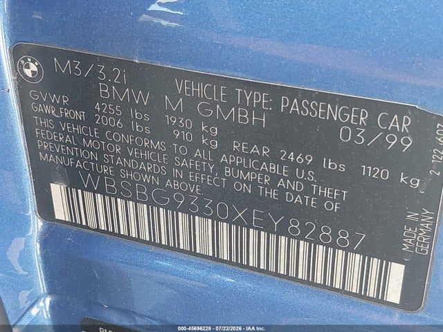 45696228 :رقم المزاد ، WBSBG9330XEY82887 vin ، 1999 Bmw M3 مزاد بيع